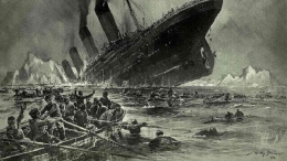 Ilustrasi tenggelamnya Kapal Titanic beserta para penumpangnya/ Foto: Tommy Stower.