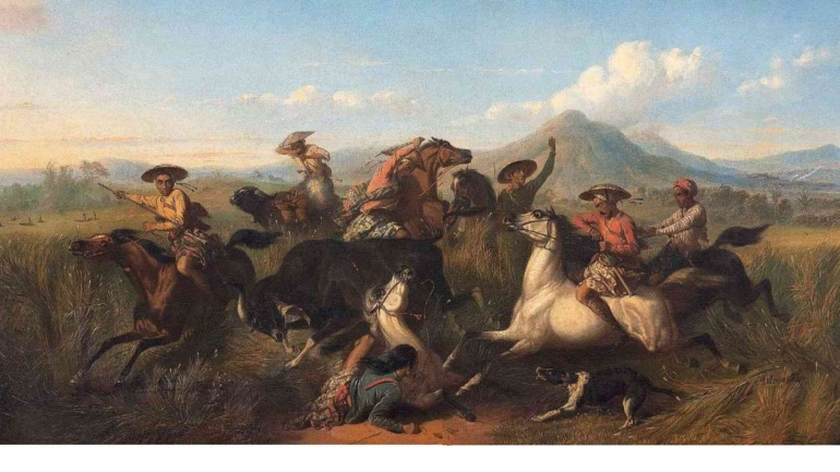 Lukisan Berburu Banteng II (1851) karya Raden Saleh. (sumber:  Katalog Pameran Indonesia Semangat Dunia tahun 2018)