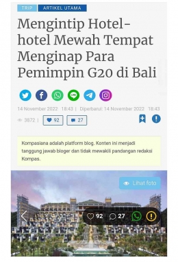 Salah satu artikel kala KTT G20 di Bali. Sumber: Tangkapan layar Kompasiana