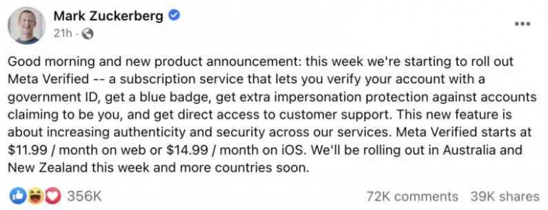 Tangkapan layar status Facebook Mark Zuckerberg