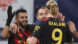 Manchester City sempat unggul 1-0 berkat gol Riyad Mahrez namun laga berakhir imbang 1-1 dengan Leipzig (Foto Skysports). 