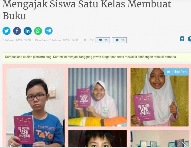 Postingan saya di kompasiana menampilkan karya buku siswa