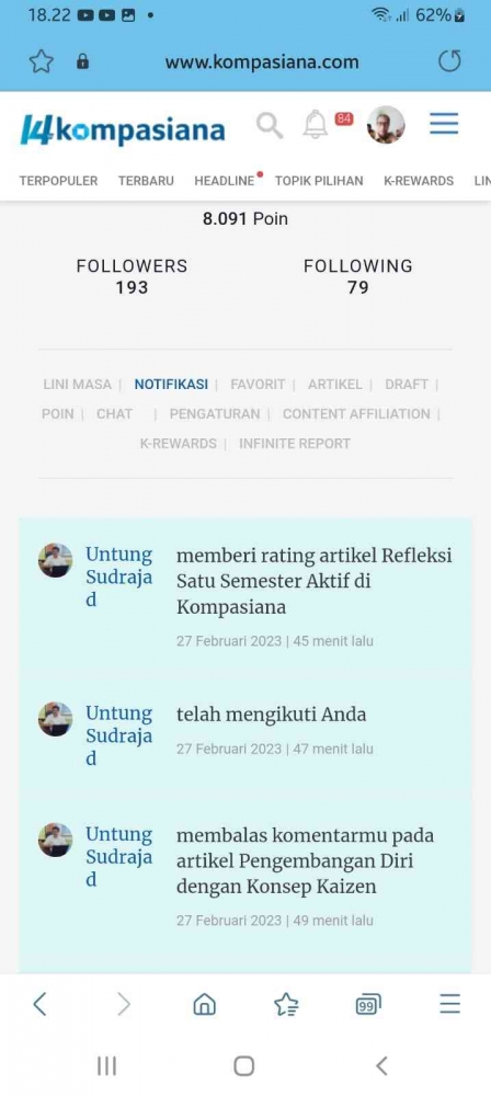 Kompasianer membalas komentar, menjadi follower, memberi rating (nilai). Dokumen Pribadi