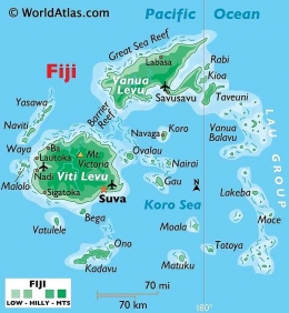 Peta Negara Fiji yang luasnya hampir sama dengan Pulau Halmahera, Maluku Utara. Sumber: www.worldatlas.com