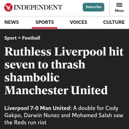 Judul berita The Independent yang mengulas kemenangan Liverpool. Sumber: Tangkapan layar The Independent / www.independent.co.uk