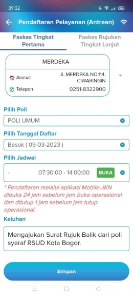 Tangkapan layar menu Pendaftaran Pelayanan (Antrean) Mobile JKN (dokumen pribadi)