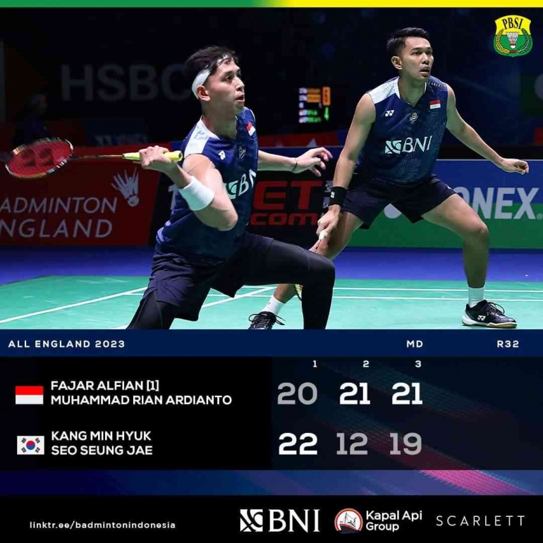 PBSI mengonfirmasi skor kemenangan Fajar/Fian (Foto Facebook.com/Badminton Indonesia) 