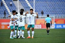 Selebrasi Hokky Caraka (9) setelah menciptakan gol ke gawang Suriah Piala Asia U-20, Indonesia menang 1-0 (foto :RuangRiau.com)