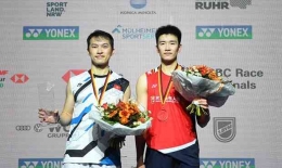 Li Shifeng dan Ng Ka Long Angus di podium pemenang German Open 2023/ badmintonphoto.com