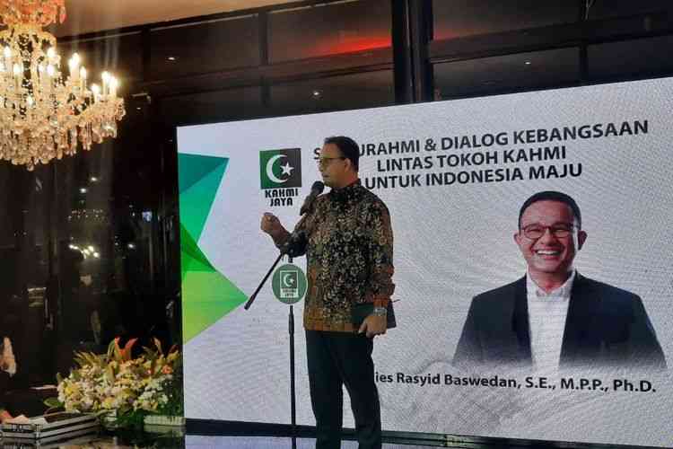 Anies Baswedan dalam acara dialog kebangsaan KAHMI Jaya di Ancol, Jakarta Utara, Kamis (16/3/2023).(KOMPAS.COM/SINGGIH WIRYO