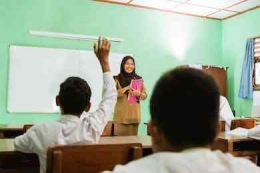 Ilustrasi: seorang guru yang sedang mengajar dan pembelajaran interaktif. | Dok. Diva Angelia via goodnewsfromindonesia.id