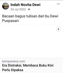 Artikel dari Dewi Puspasari (Sumber: Capture status FB Indah Novita Dewi)