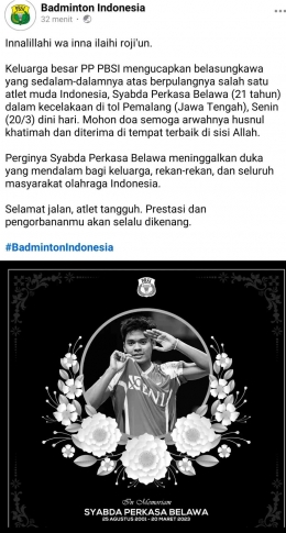 Syabda dijuluki atlet tanggung oleh PBSI (Bidik layar Facebook.com/Badminton Indonesia) 