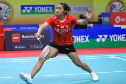 Gregoria Mariska Tunjung tunggal putri Indonesia di Swiss Open 2023 (Foto PBSI). 