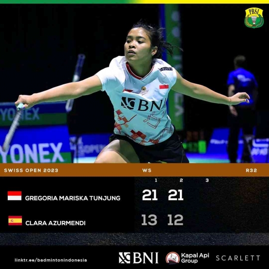 Gregoria meraih kemenangan perdana di Swiss Open 2023 (Foto Facebook.com/Badminton Indonesia) 