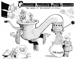 Karikatur privatisasi pendidikan di AS. Sumber: http://neolib.uga.edu