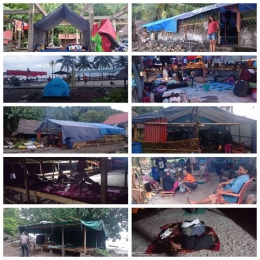 Gambar 3. Tenda, tenda terpal , dapur umum, warga tidur di Lakpona,walang maupun tidur di pasir pantai beralaskan kain. (dok. pribadi)