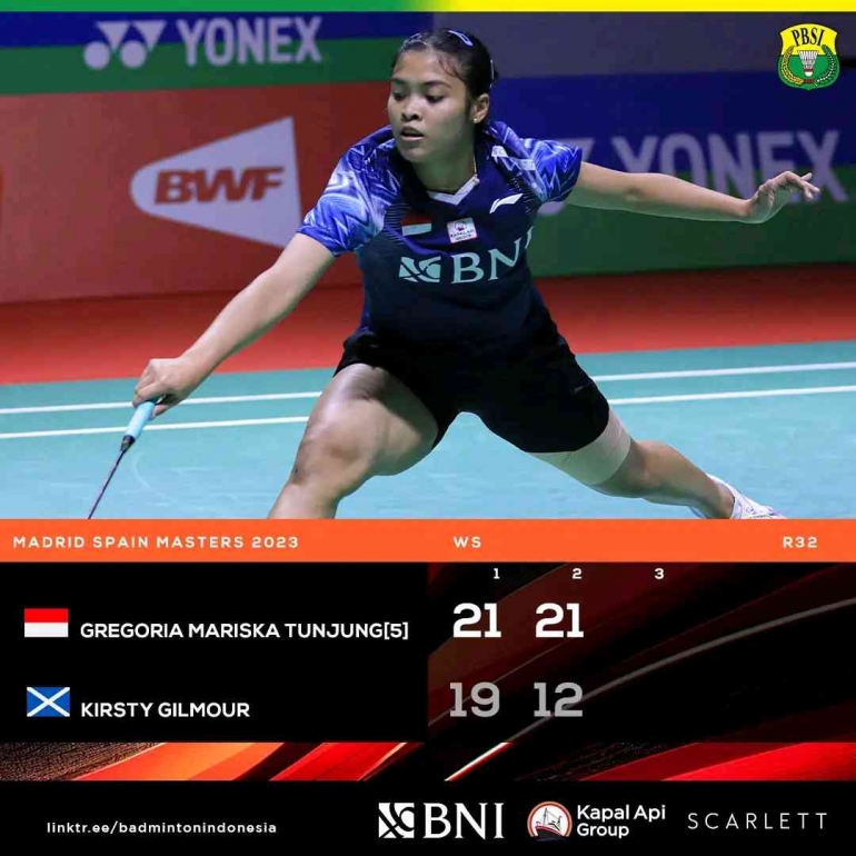 Hasil pertandingan babak 32 besar Madrid Spain Masters 2023 Rabu, 29 Maret 2023 Gregoria (Foto Fecebook.com/Badminton Indonesia) 