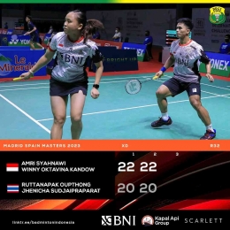 Hasil pertandingan babak 32 besar Madrid Spain Masters 2023 Rabu, 29 Maret 2023 Amri/Winny (Foto Fecebook.com/Badminton Indonesia) 