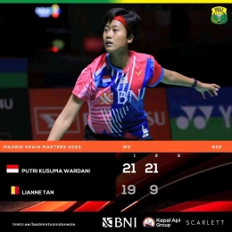 Hasil pertandingan babak 32 besar Madrid Spain Masters 2023 Rabu, 29 Maret 2023 Putri KW (Foto Fecebook.com/Badminton Indonesia) 