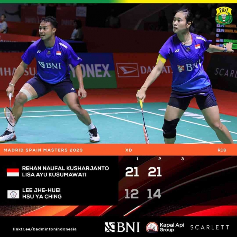 Hasil pertandingan babak 16 besar Madrid Spain Masters 2023, Kamis 30 Maret. Rehan/Lisa menang 2-0 (Foto Facebook.com/Badminton Indonesia)