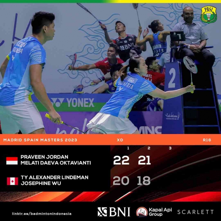 Hasil pertandingan babak 16 besar Madrid Spain Masters 2023, Kamis 30 Maret. Praveen/Melati menang 2-0 (Foto Facebook.com/Badminton Indonesia) 