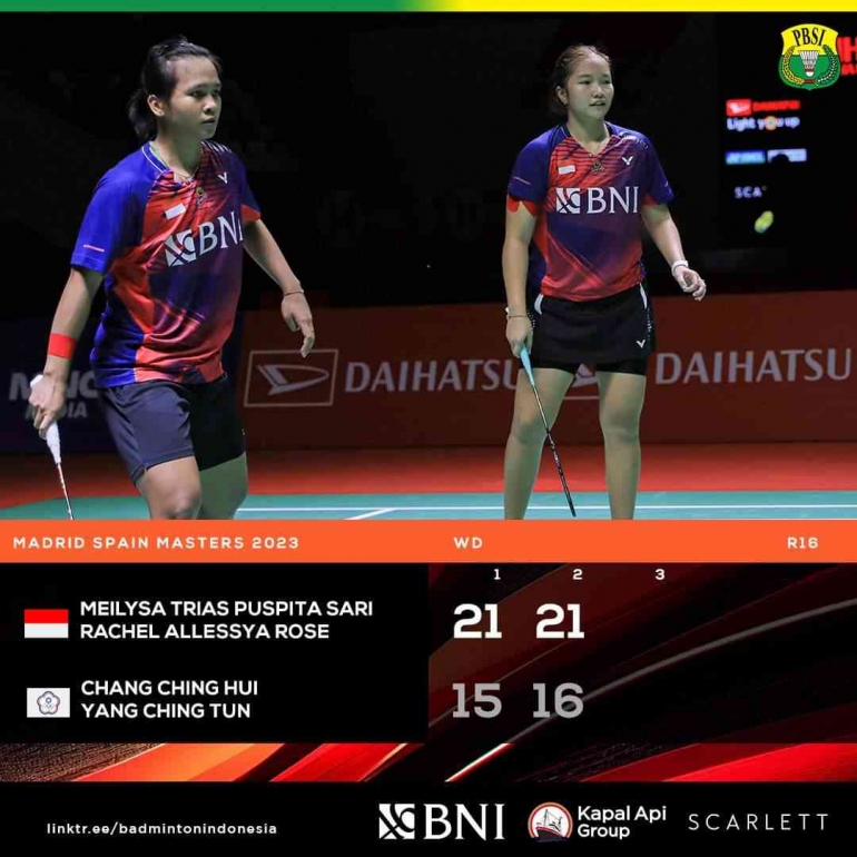 Hasil pertandingan babak 16 besar Madrid Spain Masters 2023, Kamis 30 Maret. Mei/Rachel menang 2-0 (Foto Facebook.com/Badminton Indonesia)