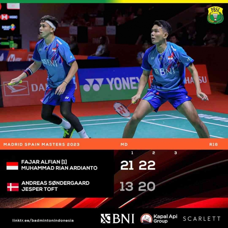 Hasil pertandingan babak 16 besar Madrid Spain Masters 2023, Kamis 30 Maret. Fajar/Rian menang 2-0 (Foto Facebook.com/Badminton Indonesia)