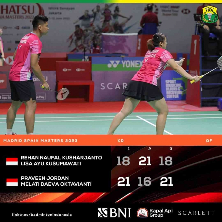 Hasil kemenangan Praveen/Melati (Foto Facebook.com/Badminton Indonesia) 