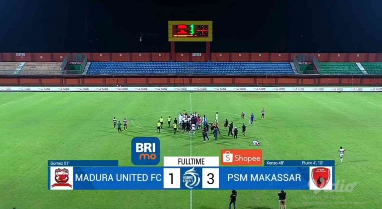Skor Akhir laga Madura United vs PSM Makassar. Sumber: dok. screeshoot vidio.com