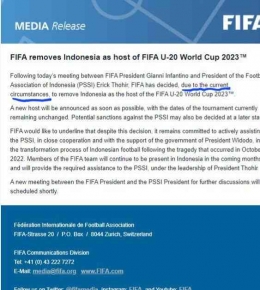 Media Release FIFA terkait pembatalan Indonesia sebagai tuan rumah Piala Dunia U-20. Sumber: Twitter/Jhonsitorus