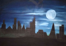 Lukisan siluet kota di malam hari menggunakan media kanvas dan acrylilc. Dokumen pribadi.
