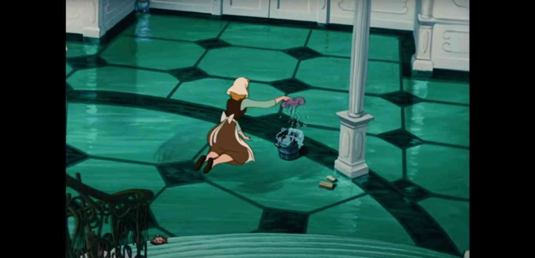 Cinderella Mengepel Lantai. Sumber Gambar: Tangkapan layar dari https://www.youtube.com/watch?v=5fIpf9_-3i8