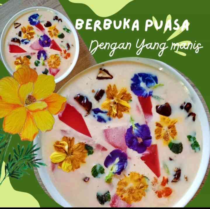 Puding Musim Bunga, legit, lembut, terbuat dari agar-agar, susu sapi dan kurma. Foto: masrierie kompasiana, diolah dengan Canva