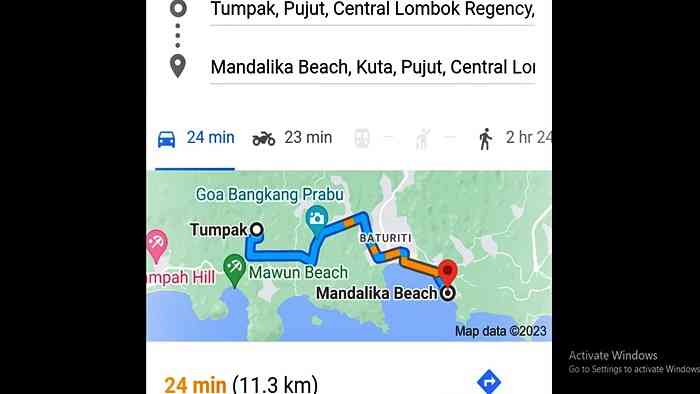 Tangkapan layar, jarak tempuh dari desa Tumpak menuju KEK Mandalika. SS Gmaps