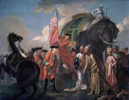 Tuan Clive bertemu dengan Mir Jafar setelah Pertempurana Plassey di India, karya Francis Hayman (sekira 1760). Sumber: https://wikiwand.com