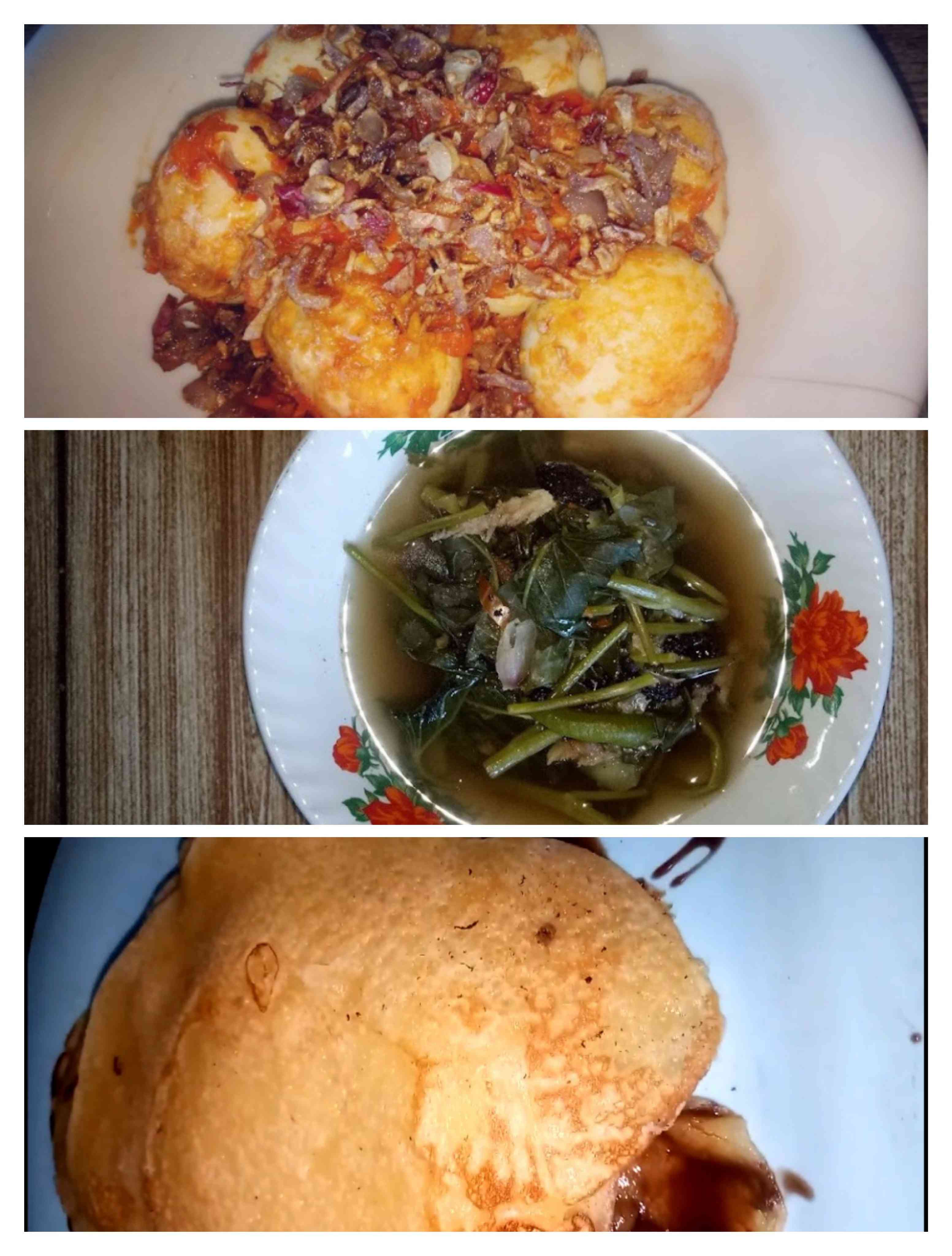 Tiga menu kreasi dapur sendiri,  Balado Telur,  Sayur Asam dan pancake. Dokpri