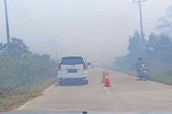 Kabut asap karhutla menyelimuti ruas jalan di Kota Dumai, Riau, Minggu 23/4/2023.(Dok. Warga via Kompas.com)
