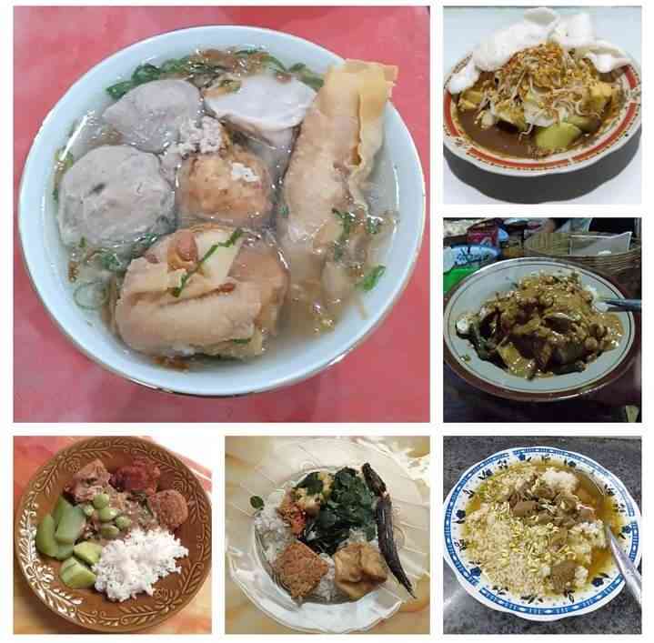 Dari ki-ka searah jarum jam: bakso, tahu campur, rujak madura, rawon, jangan kelor, dan pecel. Foto: Dokpri