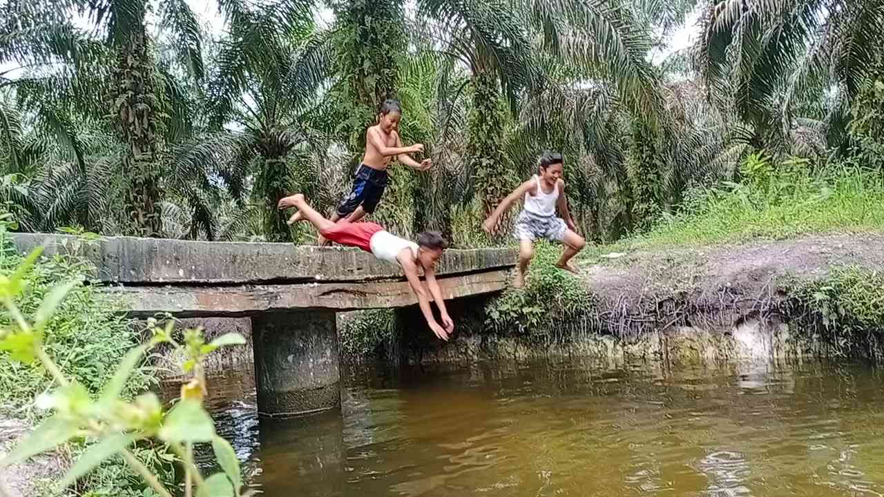 Anak-anak Desa Pasir Luhur sedang berenang di alam. Foto: Sofiah.