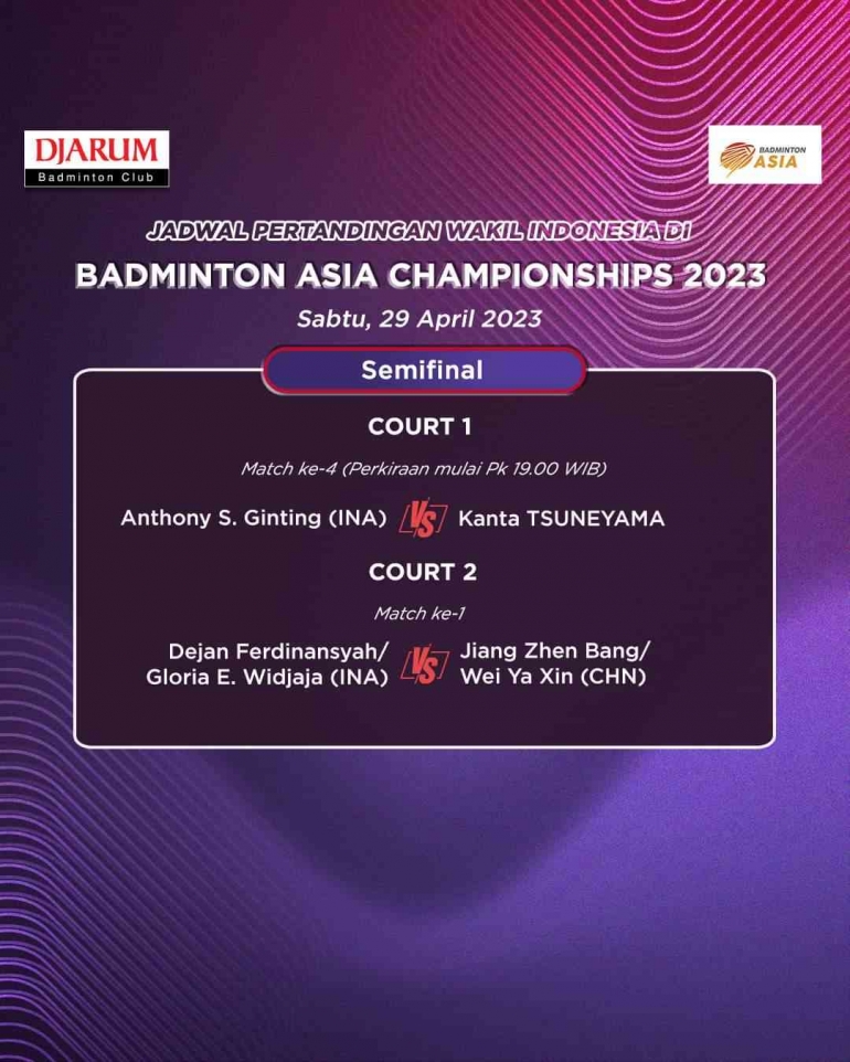 Jadwal semifinal. Kedua Wakil Indonesia ini telah memastikan medali perunggu Kejuaraan Asia 2023 (Foto Facebook.com/PB Djarum) 