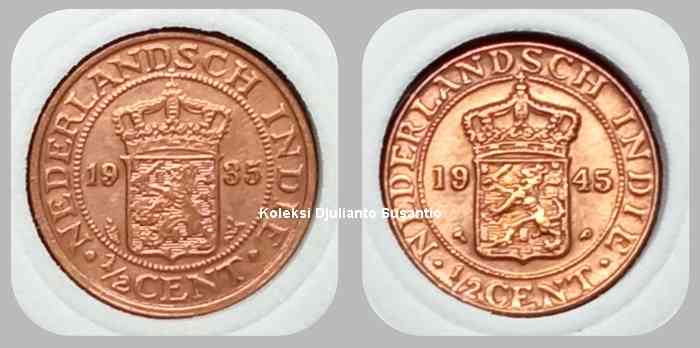 Koin 1/2 cent keluaran 1935 dan 1945 (Dokpri)