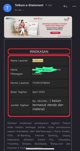 tangkap layar info tagihan a.n salah satu anak kos. Dok. N.M Lalano