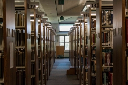 Brown wooden shelves in a library. kredit foto: KristenMarie/unsplash.