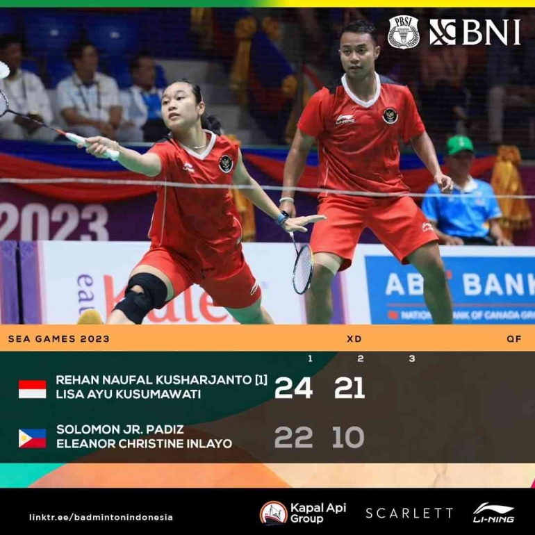 Kemenangan Rehan/Lisa di Perempatfinal Bulutangkis SEA Games 2023 Kamboja, 14 Mei (Foto Facebook.com/Badminton Indonesia) 