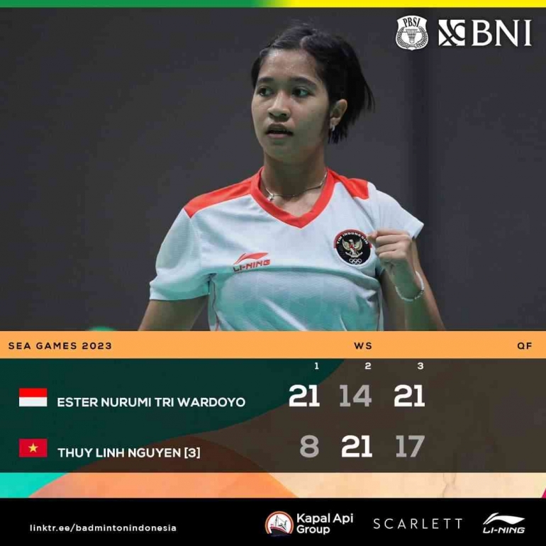 Kemenangan Ester di Perempatfinal Bulutangkis SEA Games 2023 Kamboja, 14 Mei (Foto Facebook.com/Badminton Indonesia) 