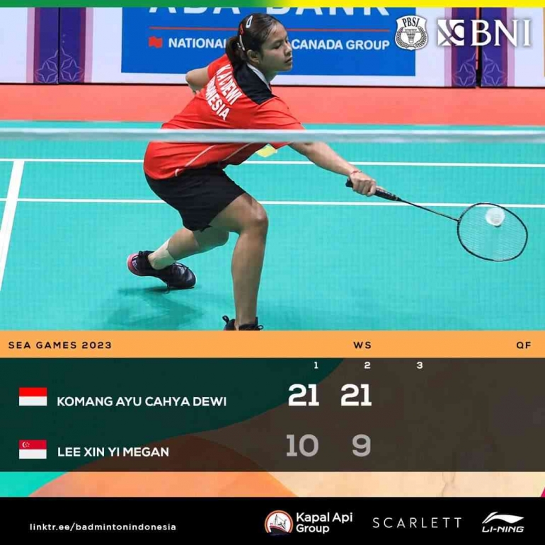 Kemenangan Komang di Perempatfinal Bulutangkis SEA Games 2023 Kamboja, 14 Mei (Foto Facebook.com/Badminton Indonesia) 