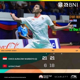 Kemenangan Chico di Perempatfinal Bulutangkis SEA Games 2023 Kamboja, 14 Mei (Foto Facebook.com/Badminton Indonesia) 