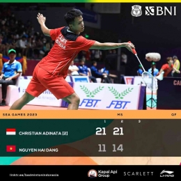 Kemenangan Adinata di Perempatfinal Bulutangkis SEA Games 2023 Kamboja, 14 Mei (Foto Facebook.com/Badminton Indonesia) 