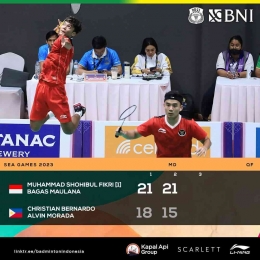 Kemenangan Fikri/Bagas di Perempatfinal Bulutangkis SEA Games 2023 Kamboja, 14 Mei (Foto Facebook.com/Badminton Indonesia) 